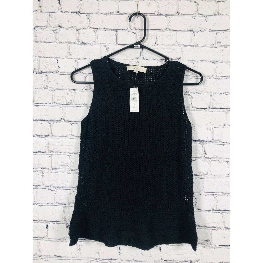 LOFT Women's Crochet Knit Sleeveless Top Pointelle Shell Round Neck Black Size S